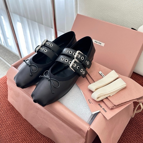 Miu Miu Double Buckle Strap Leather Mary Jane Ballerina Flats - Picture 2 of 8